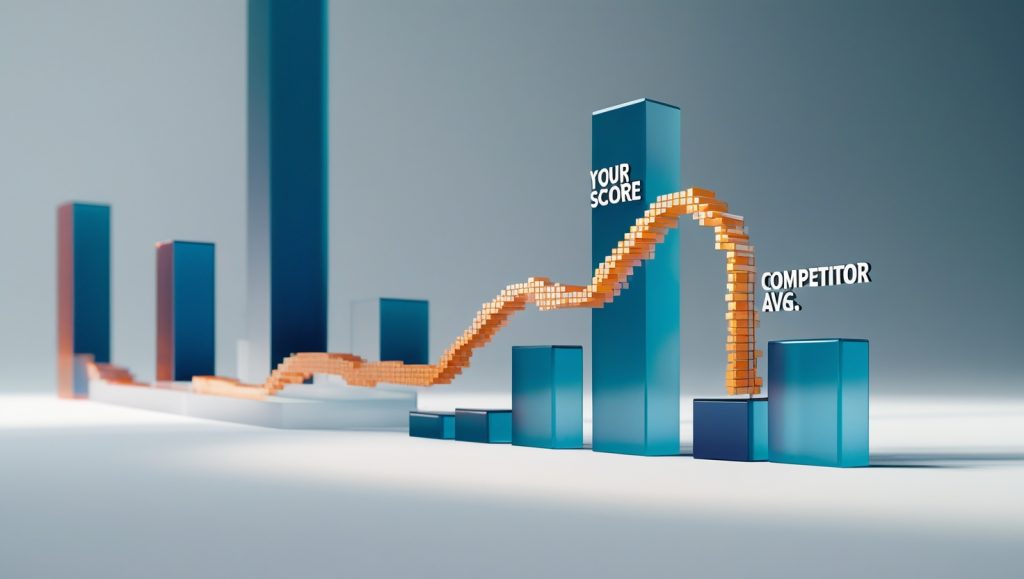 Isometric 3D bar chart comparing your Domain Authority score to competitor averages. Semi-transparent acrylic bars on a light grey background, with animated pixelated growth effect on 'Your Score' bar. Large blurred bar visible on horizon. Data visualization, analytics, and competitor benchmarking.
