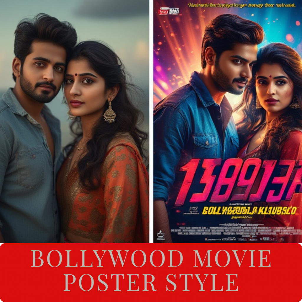 Portrait of an Indian man turned into a 1990s-style Bollywood movie poster with dramatic lighting and retro typography.