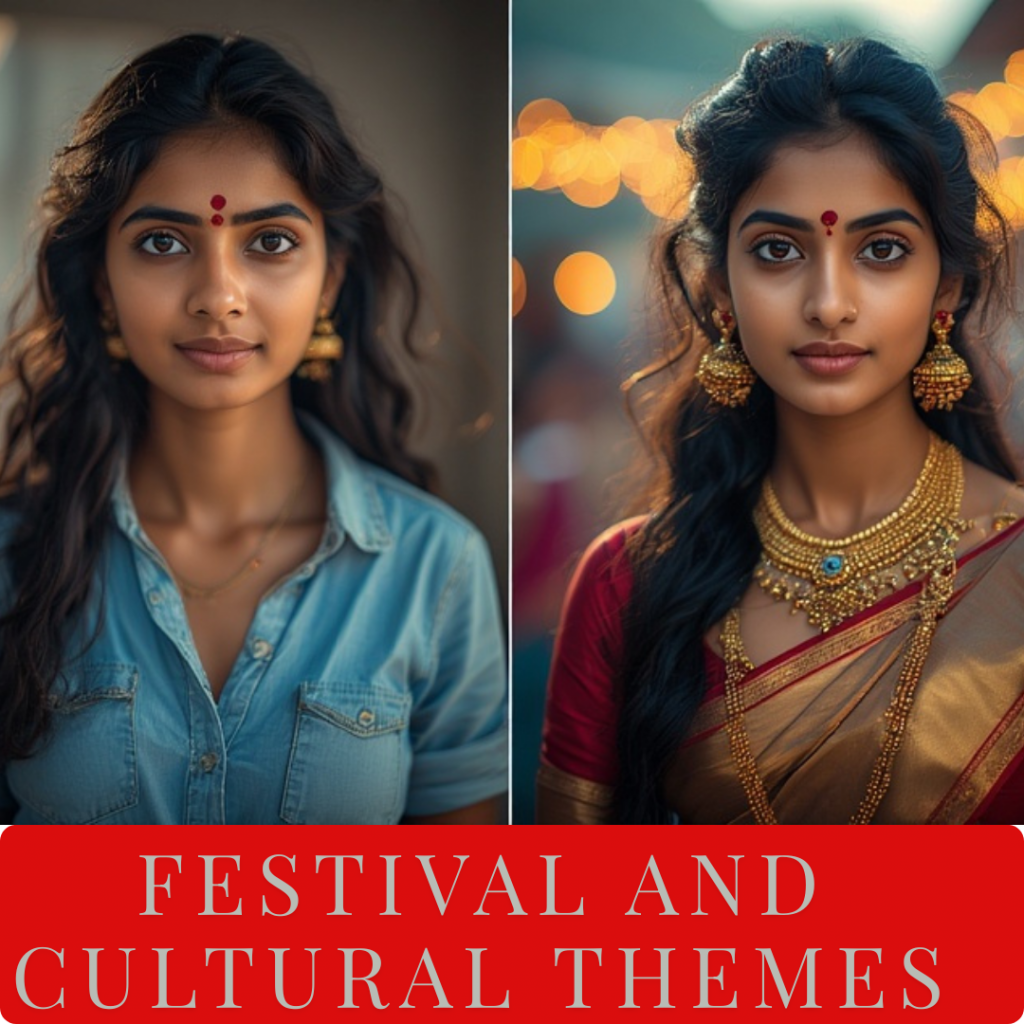 Portrait of an Indian man in traditional Durga Puja attire with temple background and warm festival lighting.