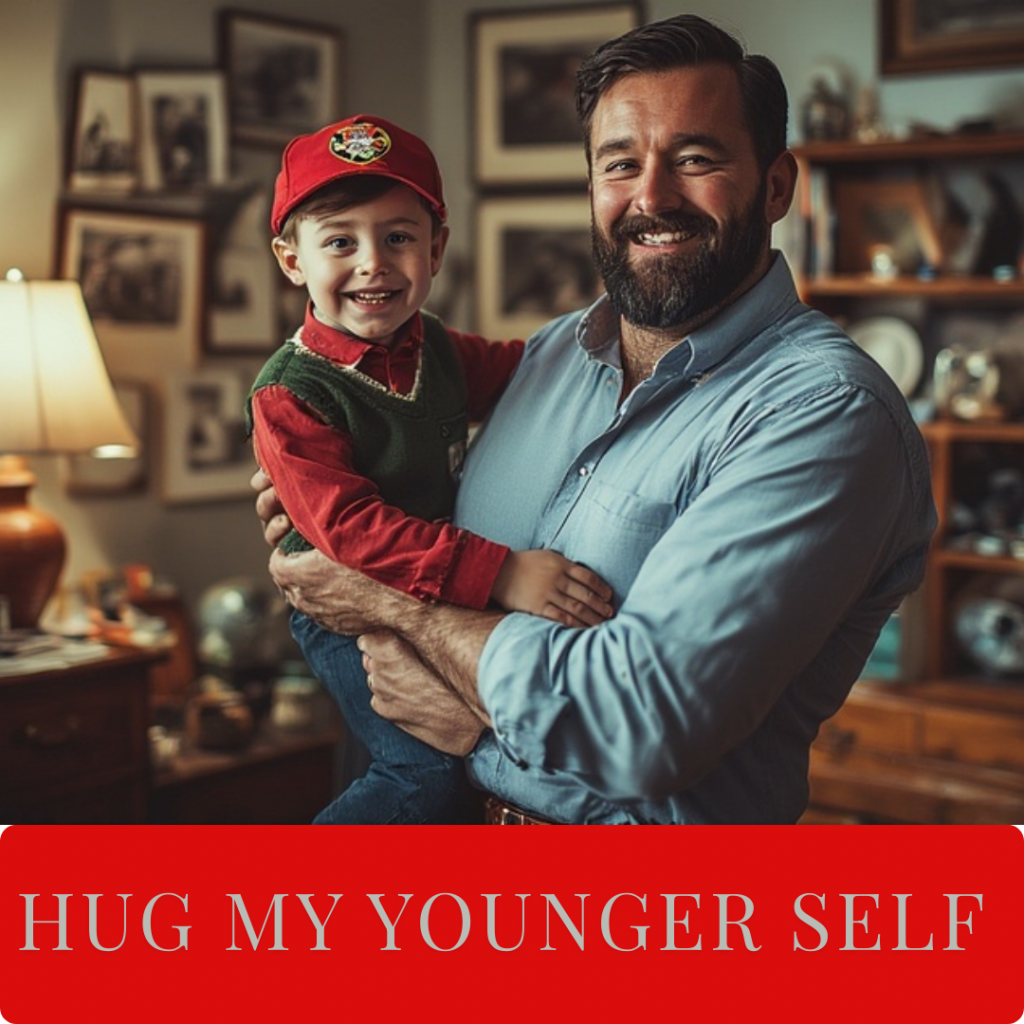 Adult Indian man hugging his childhood self in a nostalgic Polaroid-style frame.