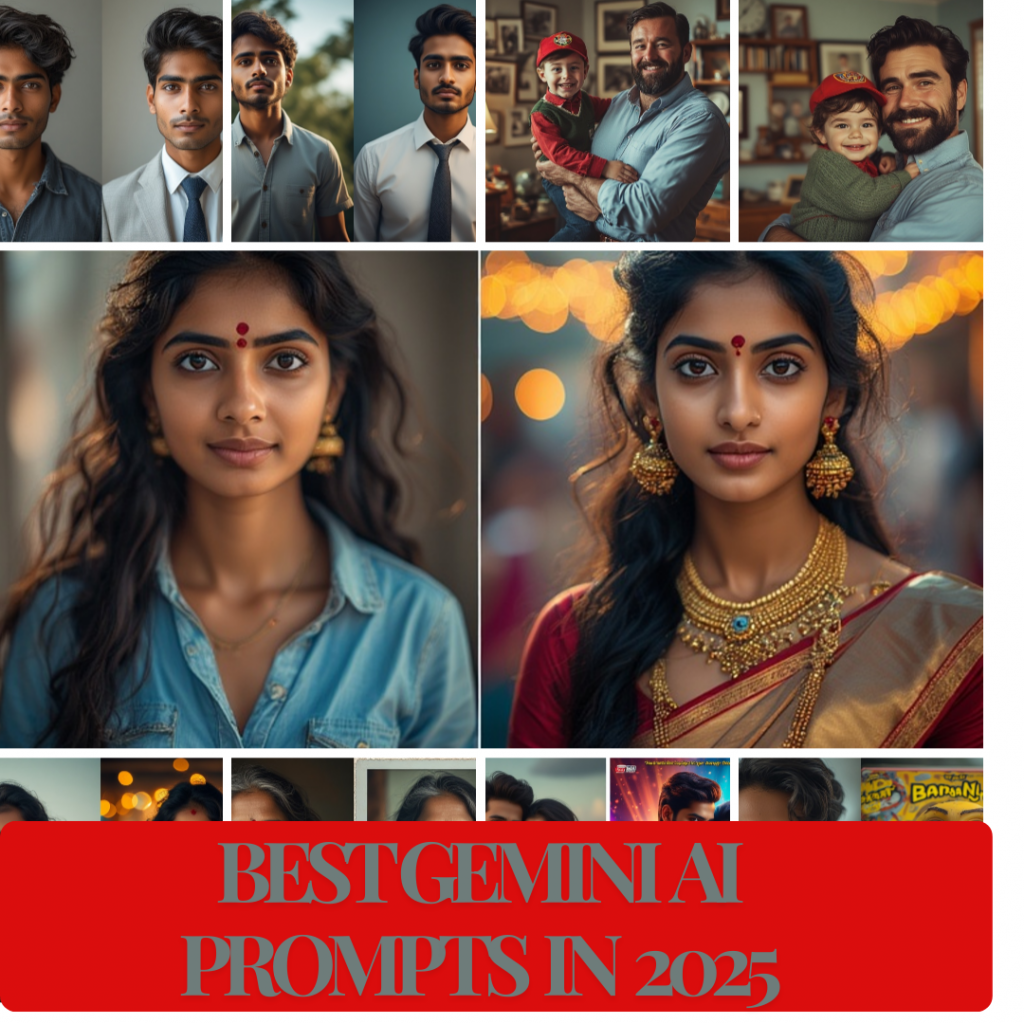 Collage of popular Gemini AI edits in 2025: Nano Banana figurines, Bollywood posters, Polaroids, festival-themed portraits, Hug My Younger Self edits, and professional headshots.