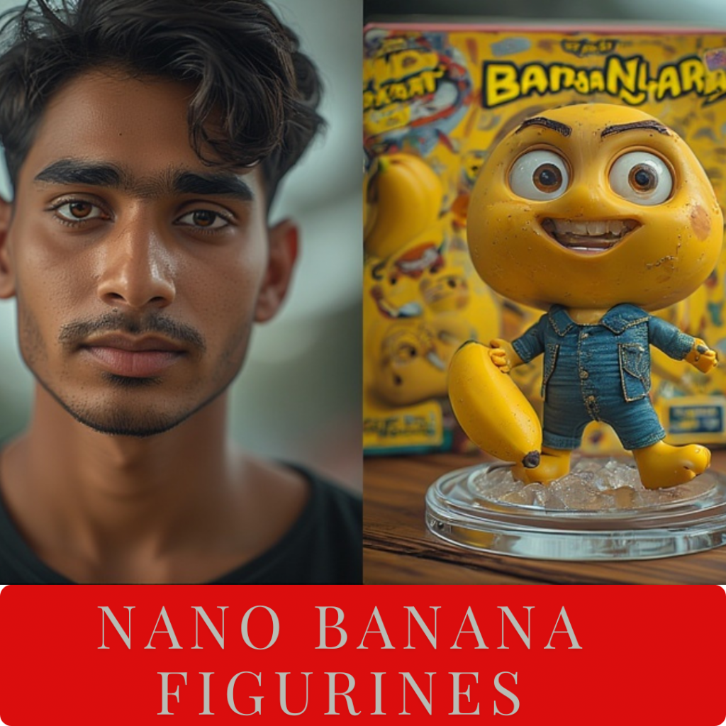 Indian young adult selfie transformed into a colorful 3D Nano Banana figurine with toy-like proportions and detailed textures.