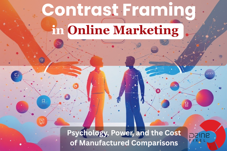 Two simplified human figures facing each other under an algorithm-style network, with large hands suggesting manipulation, illustrating contrast framing in online marketing