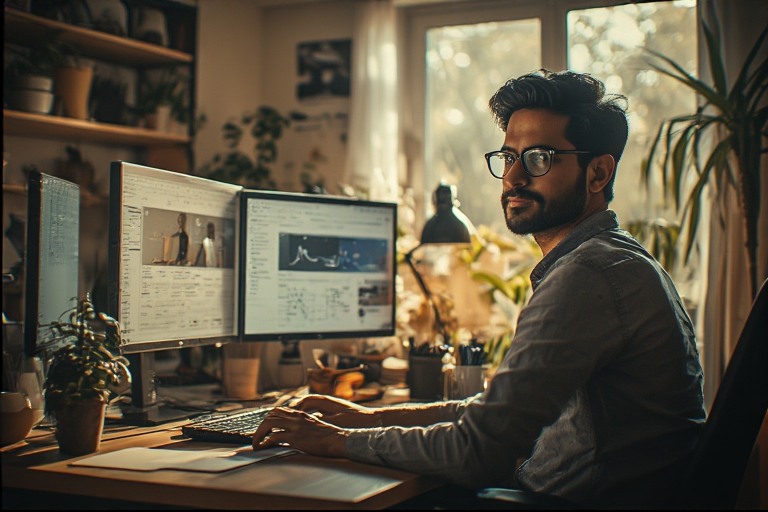 AI avatar agency owner India receiving client payment notification celebrating business success