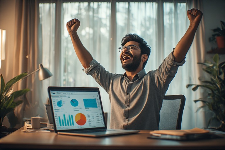 Indian AI avatar agency owner celebrating ₹1 lakh monthly revenue milestone after 90 days