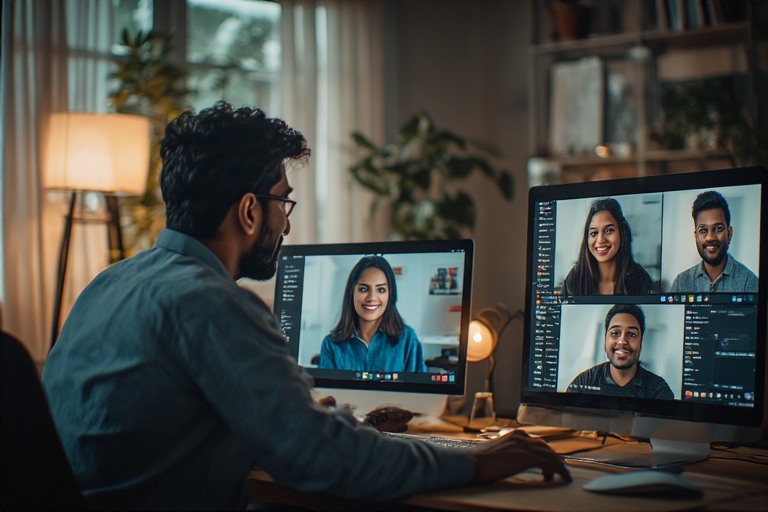 AI avatar agency team meeting with virtual assistants - scriptwriter video editor client manager India