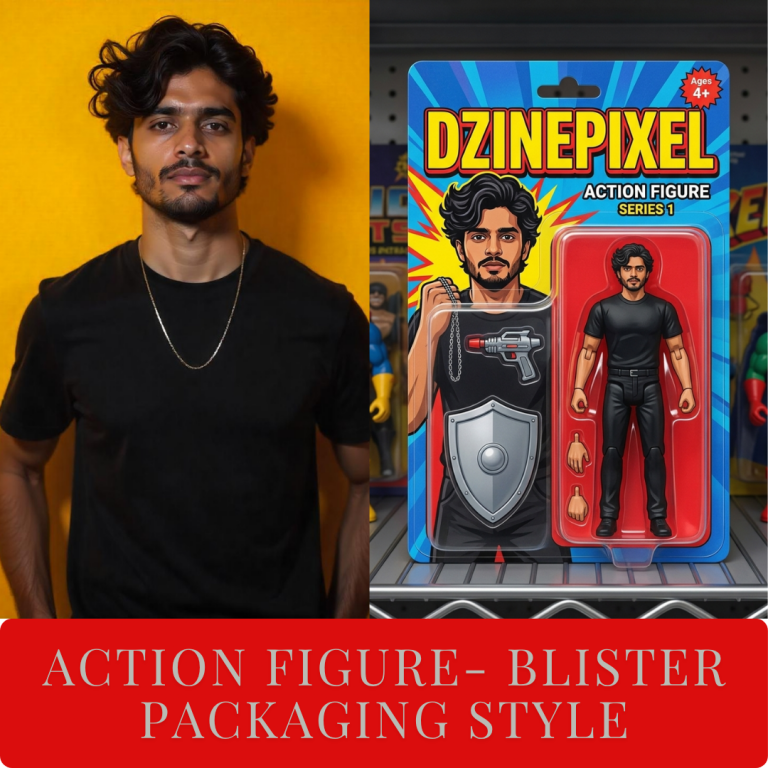 action figure AI prompt Gemini • toy packaging AI photo edit, gemini ai prompt image output for action figure blister packaging style