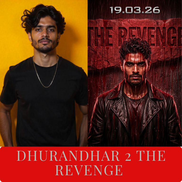 Dhurandhar 2 The Revenge Gemini AI generated movie poster: Ranveer Singh Jaskirat Hamza style with curly wet black hair, blood rain dripping on fierce tanned face and soaked black leather jacket, intense forward glare, crimson engraved "THE REVENGE" stone backdrop, "19.03.26" date, dramatic red rainy aura—Dzinepixel blog demo for Gemini Nano Banana Bollywood prompts, dhurandhar 2 poster AI transformation.