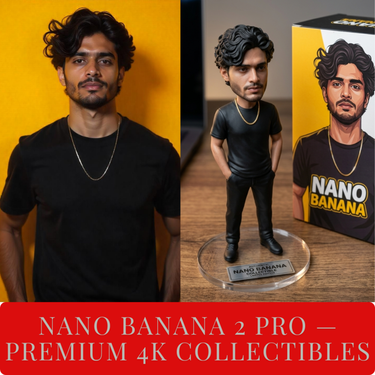 A split-image promotional graphic featuring a young man with curly black hair, wearing a black t-shirt and gold chain necklace, posing confidently against a yellow background on the left. On the right, a custom 3D-printed "Nano Banana 2 Pro" figurine of the same man in black attire stands on a clear base inside its premium yellow packaging box, labeled "Nano Banana" with "Premium 4K Collectibles" text below in bold red.