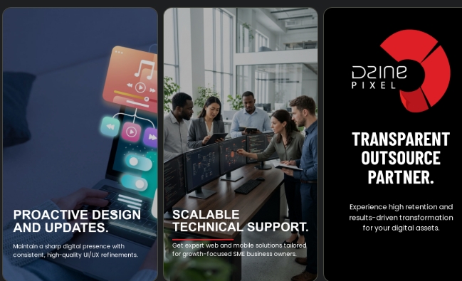 Pomelli AI-generated campaign output from manual prompt — three thematically inconsistent social media visuals for Dzinepixel