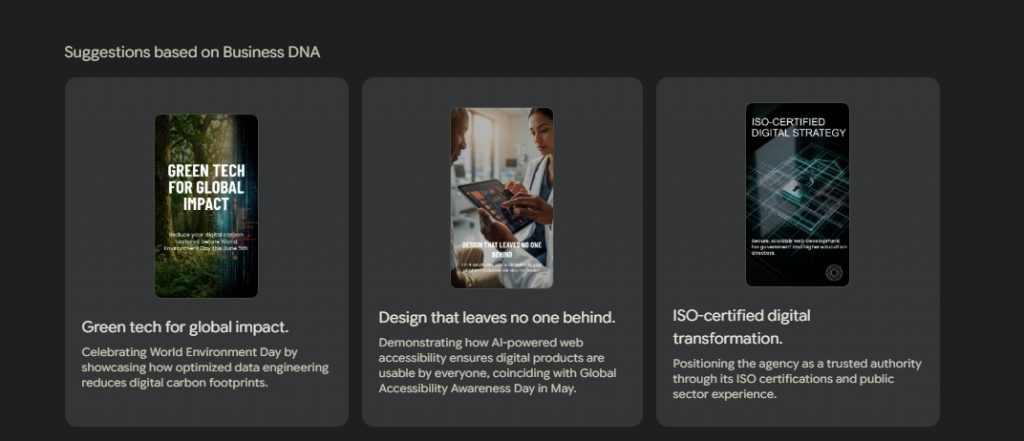 Pomelli campaign generation screen showing Option 1 recommendations and Option 2 manual prompt input