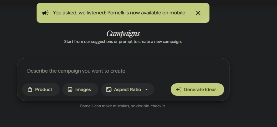 Pomelli Business DNA dashboard showing brand fonts, colour palette, logo, tagline, brand tone and website images for Dzinepixel