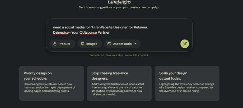 Pomelli manual prompt screen — custom brief entered by Ranjeet Nayak for Dzinepixel campaign asset