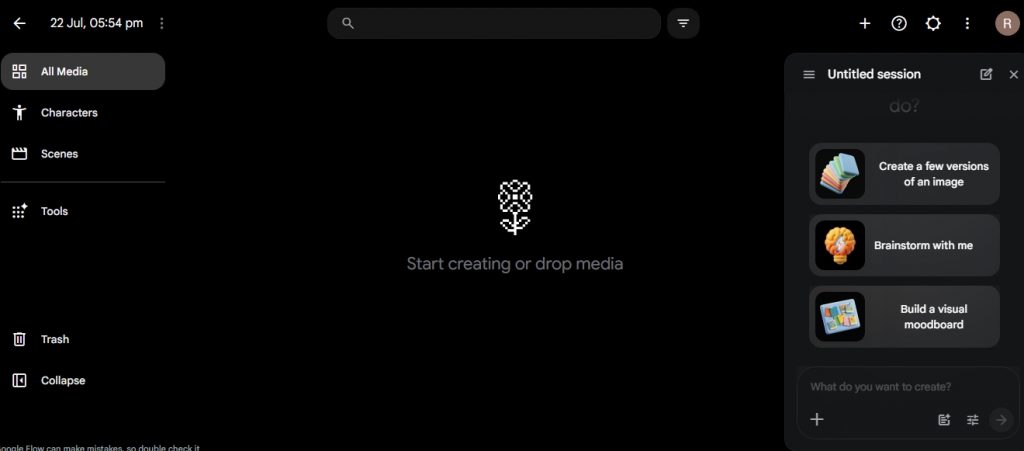 Google Flow interface with sidebar navigation, a blank workspace, and starter actions for creating images, brainstorming, and moodboards.
