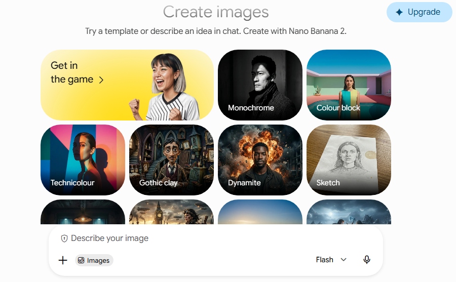 Gemini Create images screen with templates, an image upload option, and a prompt box for editing photos with Nano Banana.