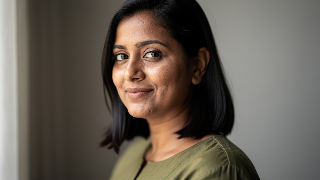 AI-generated portrait of a smiling South Asian woman in an olive-green top, created with FLUX 2 Pro for Dzinepixel’s AI image-generation comparison with Grok Imagine, ChatGPT 1.5, and Nano Banana 2 Pro