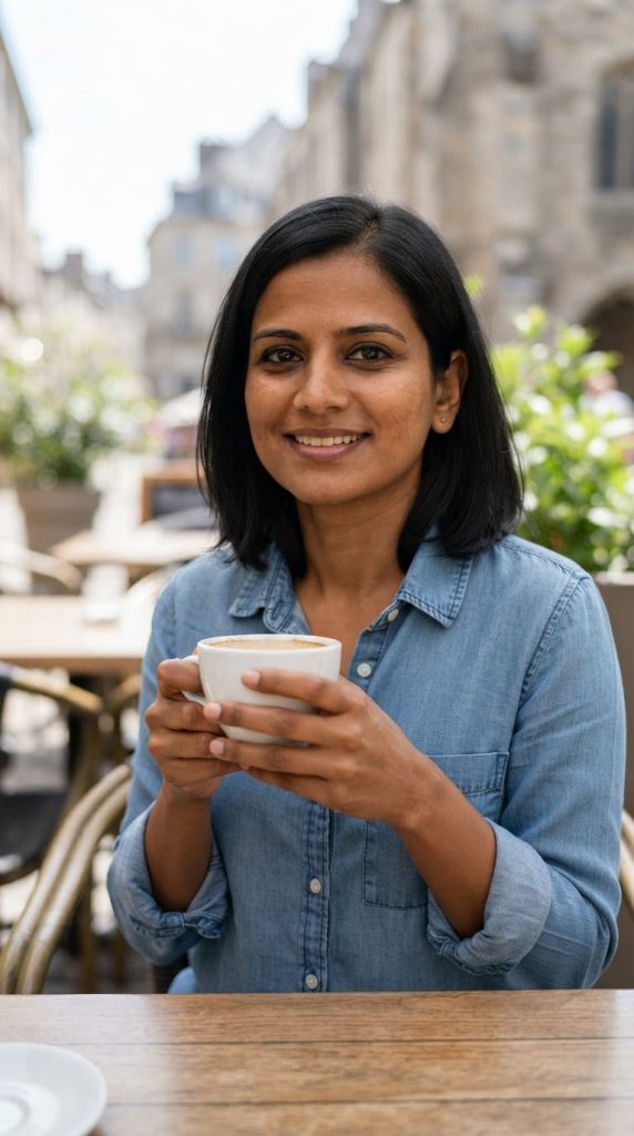 AI-generated face-swapping image of a smiling South Asian woman holding a coffee cup at an outdoor café, created with chatgpt 1.5 for Dzinepixel’s AI image-editing comparison with nanobanana 2 pro, FLUX 2 Pro, and grok imagine