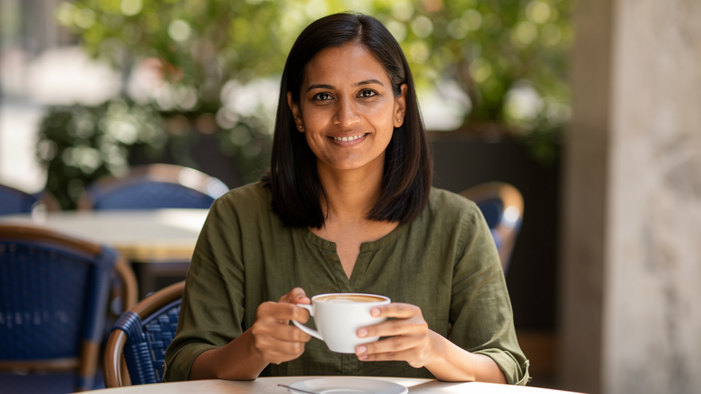 AI-generated face-swapping image of a smiling South Asian woman holding a coffee cup at an outdoor café, created with FLUX 2 Pro for Dzinepixel’s AI image-editing comparison with nanobanana 2 pro, chatgpt 1.5, and grok imagine
