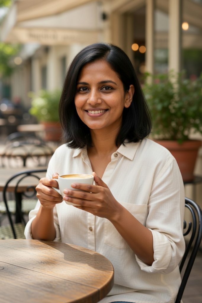 AI-generated face-swapping image of a smiling South Asian woman holding a coffee cup at an outdoor café, created with grok imagine for Dzinepixel’s AI image-editing comparison with nanobanana 2 pro, FLUX 2 Pro, and ChatGPT 1.5