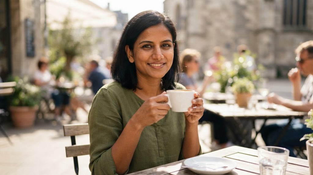 AI-generated face-swapping image of a smiling South Asian woman holding a coffee cup at an outdoor café, created with Nano Banana 2 Lite for Dzinepixel’s AI image-editing comparison with Grok Imagine, FLUX 2 Pro, and ChatGPT 1.5