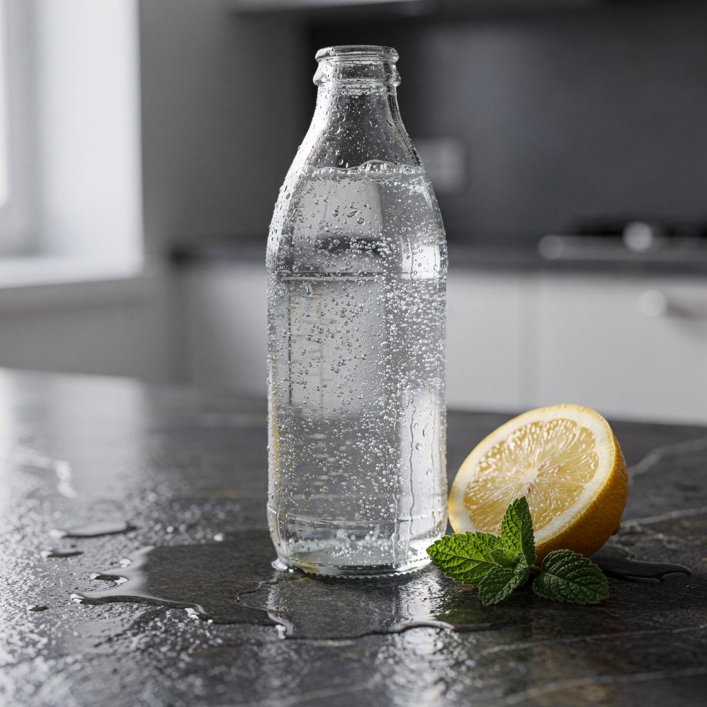 AI-generated photorealistic still life of a condensation-covered glass water bottle beside a halved lemon and mint leaves on a wet dark countertop in a bright kitchen, generated with FLUX 2 Pro for Dzinepixel’s AI photorealism comparison with Nano Banana 2 Lite, Grok Imagine, and ChatGPT 1.5.