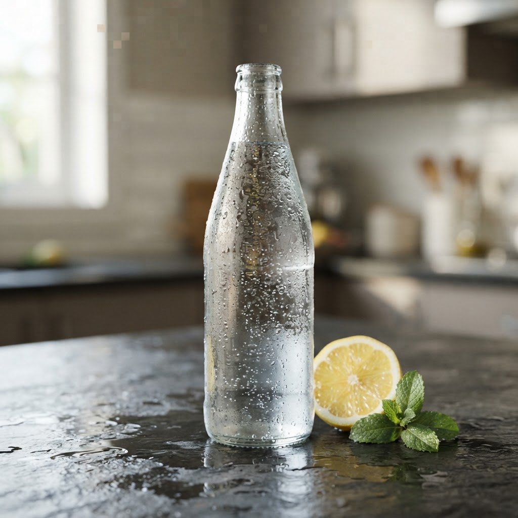 AI-generated photorealistic still life of a condensation-covered glass water bottle beside a halved lemon and mint leaves on a wet dark countertop in a bright kitchen, generated with Nano Banana 2 Lite for Dzinepixel’s AI photorealism comparison with FLUX 2 Pro, Grok Imagine, and ChatGPT 1.5.