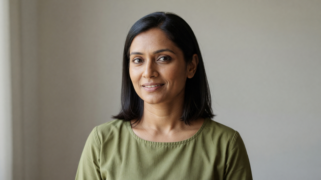 AI-generated portrait of a smiling South Asian woman in an olive-green top, created with Grok Imagine for Dzinepixel’s AI image generation comparison with FLUX 2 Pro, ChatGPT 1.5, and Nano Banana 2 Pro