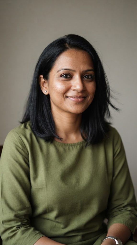 AI-generated portrait of a smiling South Asian woman in an olive-green top, created with Nano Banana 2 Lite for Dzinepixel’s AI image-generation comparison with Grok Imagine, FLUX 2 Pro, and ChatGPT 1.5
