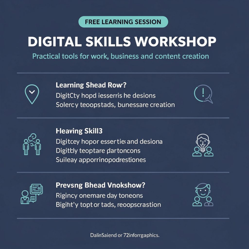 AI-generated digital-skills workshop poster for Root Academy featuring the headline “Digital Skills Workshop,” a free learning session covering AI tools, Canva social-media graphics, and content planning, scheduled for Saturday, 14 September, from 10:00 AM to 1:00 PM in Bhubaneswar, with free registration and limited seats, generated with Grok Imagine for Dzinepixel’s AI text-heavy image-prompt comparison with FLUX 2 Pro, ChatGPT 2, and Nano Banana 2 Lite.