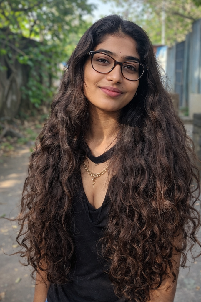 AI-upscaled portrait of a young South Asian woman with long wavy hair and glasses outdoors, generated with chatgpt 1.5 for Dzinepixel’s AI image-upscaling comparison with Nano Banana 2 Lite, grok imagine, and FLUX 2 Pro